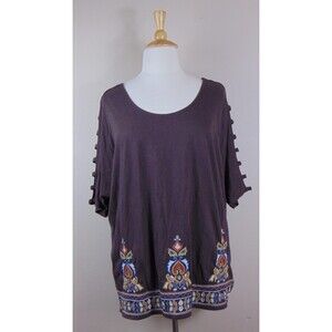 Roman's Embroidered Brown T-shirt Boho Size 22/24 1x Cotton Rayon Top